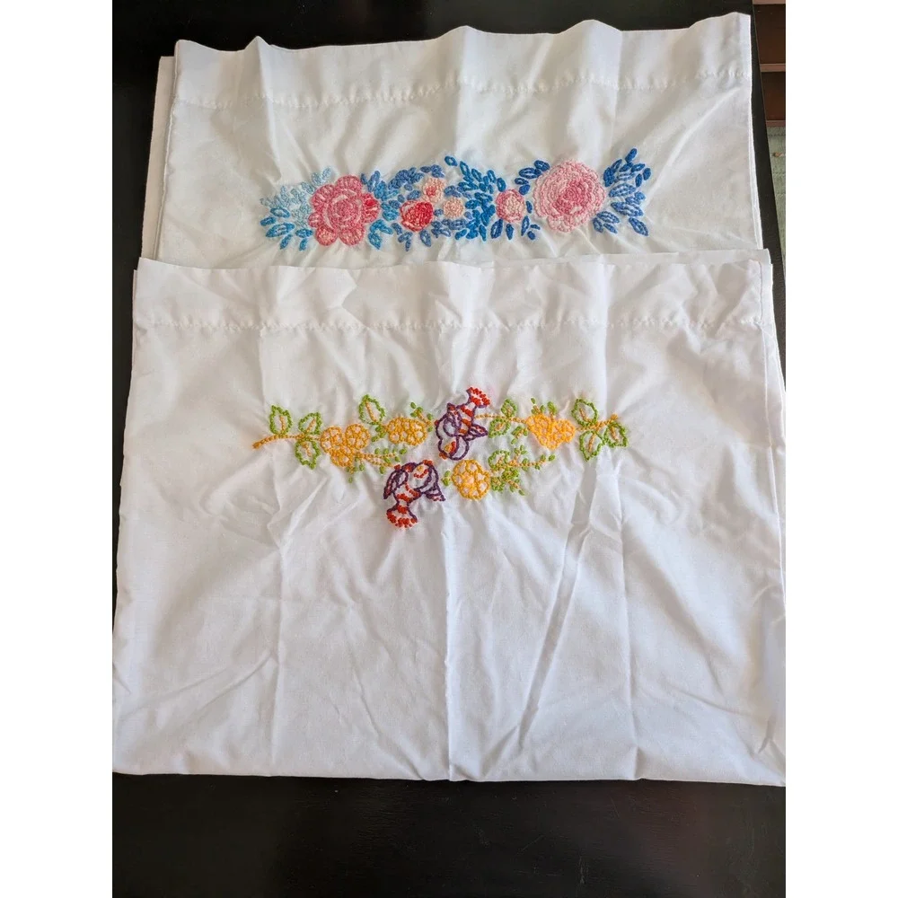 Vintage Hand Embroidered Floral Bird Cotton Pillowcase Set 4 Cottagecore